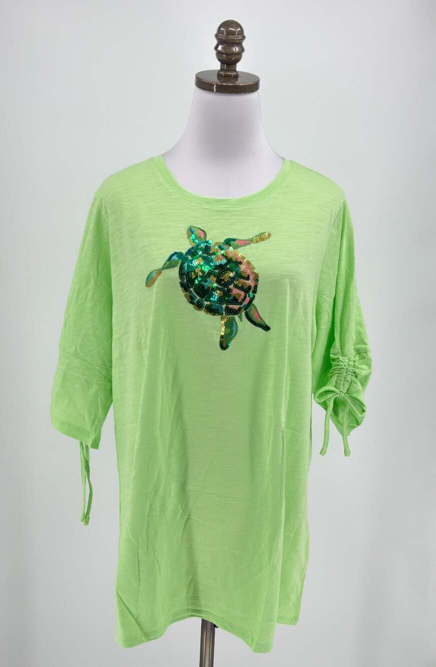 Quacker Factory Lime Green Sequin Sea Turtle Cotton Blend Knit Top Sz 1X NEW